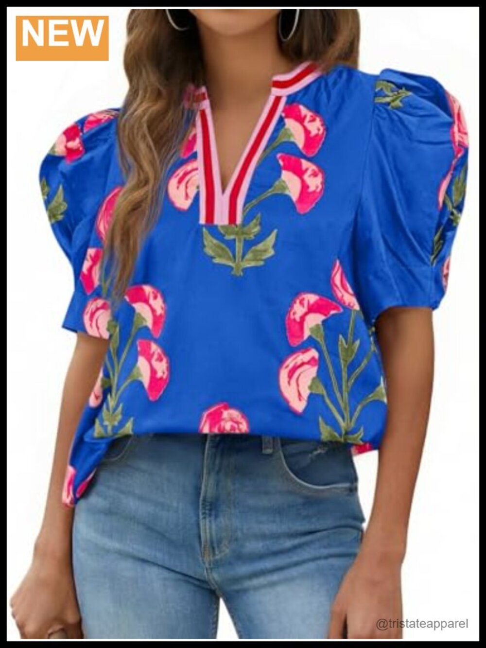Womens Puff Sleeve Floral Blouse V-Neck Casual Dressy Top